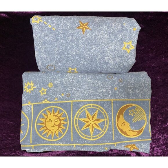 Vintage 90s Y2K Celestial Blue Sheet Set Star Sun Moon Springs TWIN Flat Fitted - Picture 1 of 10